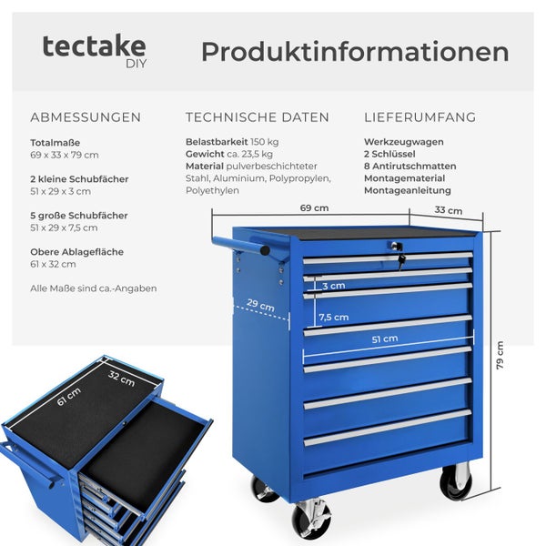 Produktinformationen zum Werkzeugwagen mit Schubladen und Ablagefläche von tectake DIY mit Abmessungen und technischen Daten