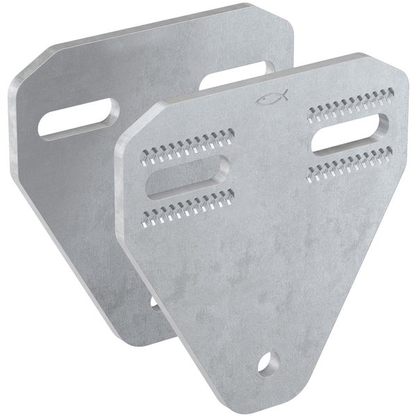 Zwei Metallverbinder mit Langlöchern und Befestigungslöchern