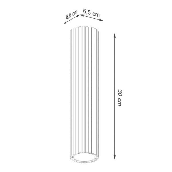 Technische Zeichnung einer Lampe mit den Maßen 6,5 Zentimeter mal 6,5 Zentimeter und 30 Zentimeter Höhe.