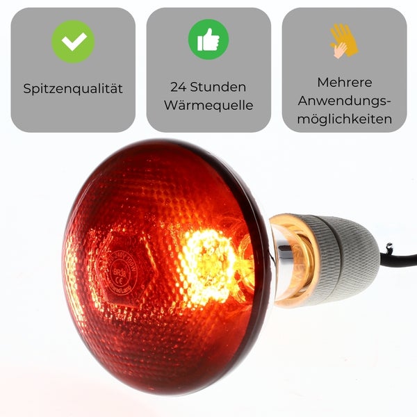 Infrarotlampe mit Glühbirne und den Hinweisen Spitzenqualität, 24 Stunden Wärmequelle und mehrere Anwendungsmöglichkeiten