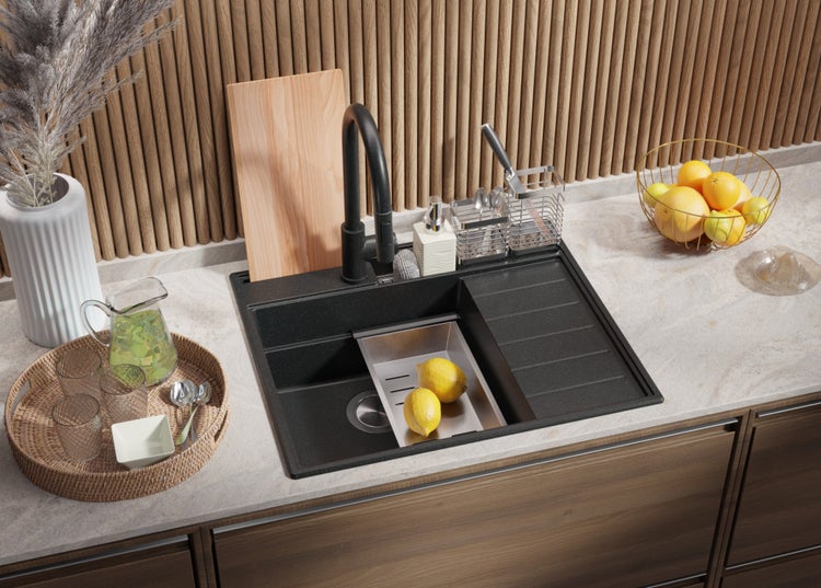 PRIMAGRAN Spülbecken Anthrazit 62x53cm, Granitspüle 1 Becken + Ablauf-Set + Küchenzubehörset, Küchenspüle ab 45er Unterschrank - Sydney Pocket