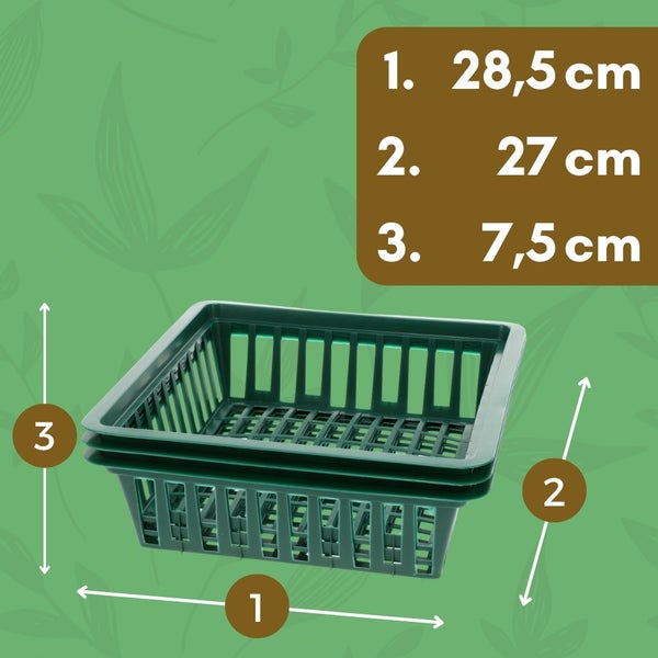 Abmessungen eines rechteckigen Pflanzkorbs: Länge 28,5 cm, Breite 27 cm, Höhe 7,5 cm