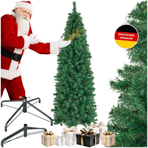 Künstlicher Weihnachtsbaum mit Ständer und Geschenken, präsentiert von einer Weihnachtsmannfigur, Deutsches Händler Siegel