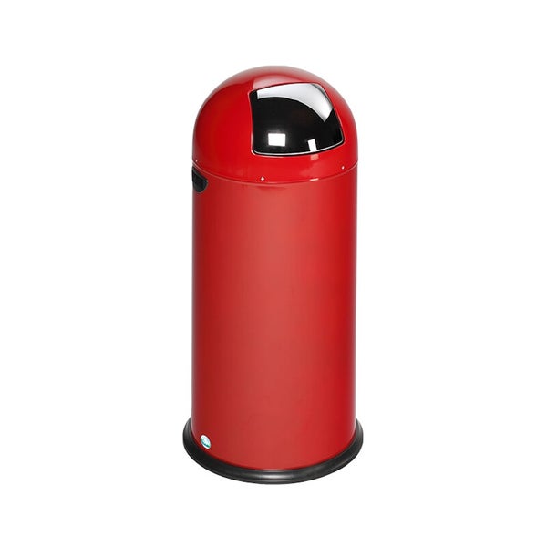 Mülleimer mit Push-Klappe aus Metall in zylindrischer Form mit gewölbtem Deckel.