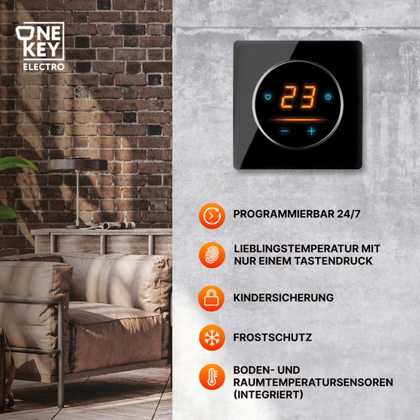 One Key Electro Thermostat mit Funktionen wie 24/7 programmierbar, Lieblings-Temperatur, Kindersicherung, Frostschutz sowie Boden- und Raumtemperatursensoren