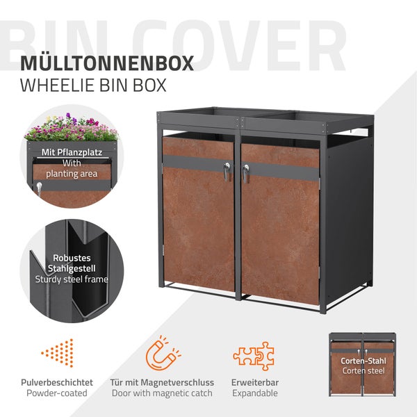 Mülltonnenbox für zwei Tonnen aus pulverbeschichtetem Stahl, mit Türen in Corten-Stahl-Optik, Pflanzwanne und Magnetverschluss.