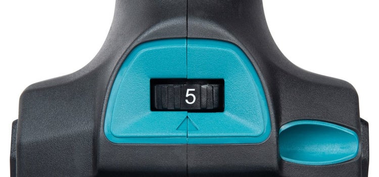 Detailansicht eines Einstellrads auf einem Werkzeug, das auf Stufe 5 eingestellt ist