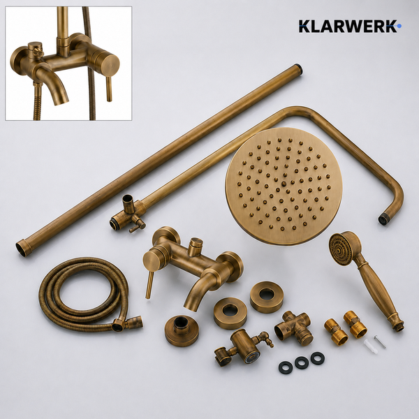 Duschsystem Set mit Regendusche, Handbrause, Armatur mit Auslauf und Zubehör in Antik-Optik. Klarwerk Logo.