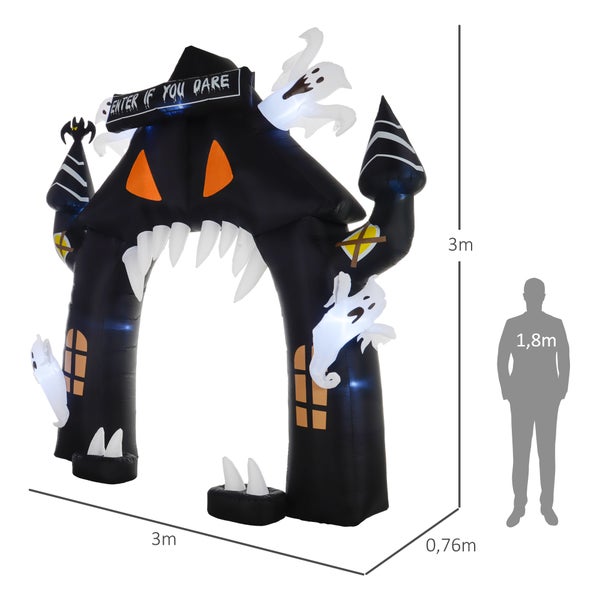 Outsunny Halloween aufblasbarer Bogen, Halloween Dekoration, 300 cm Große Halloween-Deko mit LED-Beleuchtung, Partydekoration für Innen- & Außenbereiche