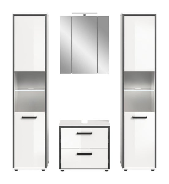 Badezimmermöbel-Set 4-teilig mit zwei Hochschränken, einem Waschbeckenunterschrank und einem Spiegelschrank mit Beleuchtung.