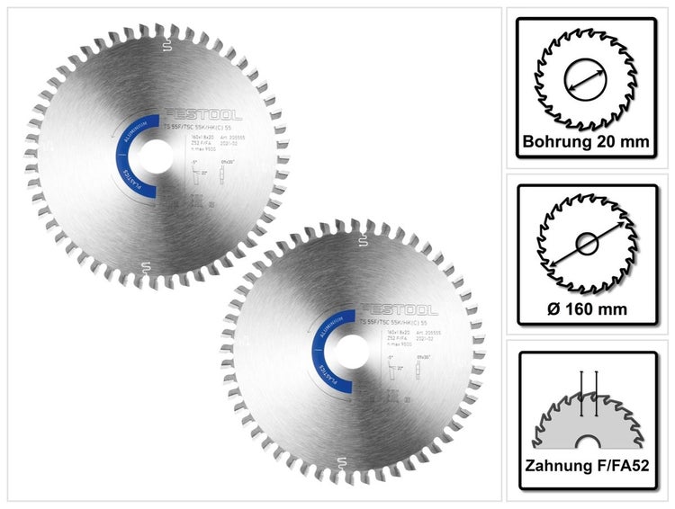 Festool 2x Kreissägeblatt Aluminium / Plastics HW 160 x 1,8 x 20 mm F/FA52 ( 2x 205555 ) für Tauchsägen TS 55 F, TSC 55 K & Handkreissägen HK 55, HKC 55