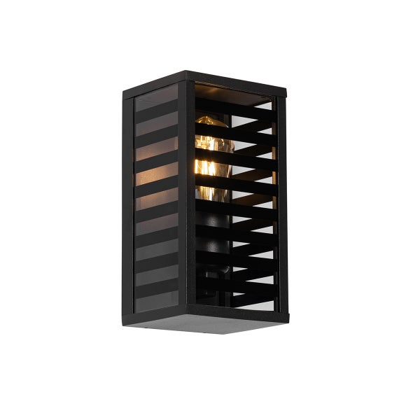 Moderne rechteckige Außenwandleuchte in Schwarz mit horizontalen Lamellen und sichtbarem warmem Leuchtmittel.