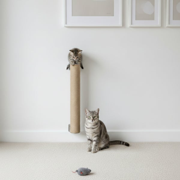 Wandkratzbaum für Katzen aus Sisal mit einem Kätzchen oben und einer ausgewachsenen Katze auf dem Boden sowie einem Spielzeug