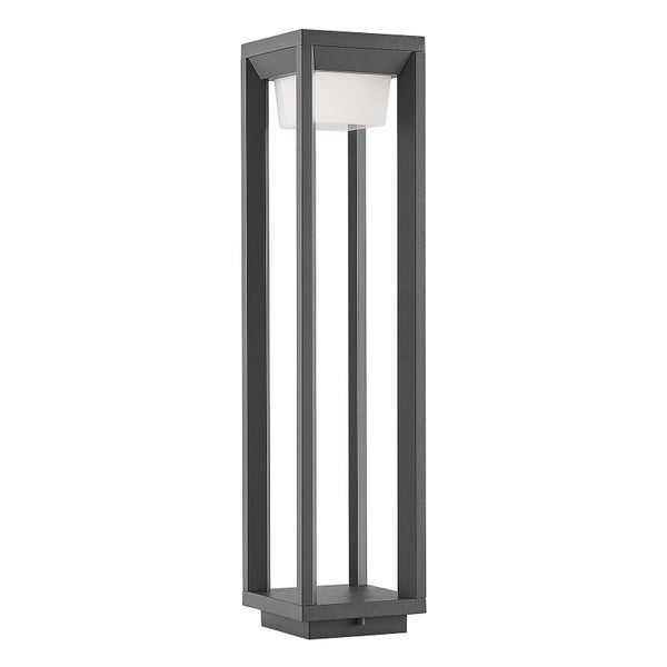 Moderne anthrazitfarbene Sockelleuchte für den Außenbereich in Säulenform aus Metall mit weißem Schirm.