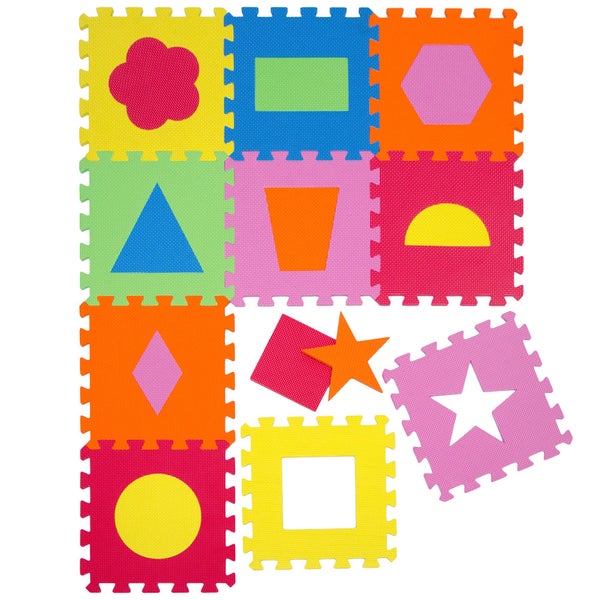Spielteppich aus Schaumstoff mit herausnehmbaren geometrischen Formen als Lernpuzzel für Kinder.
