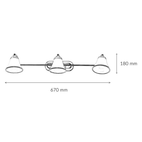 Abbildung einer Wandleuchte mit drei Lampen und den Maßen 670 mm Länge und 180 mm Höhe.