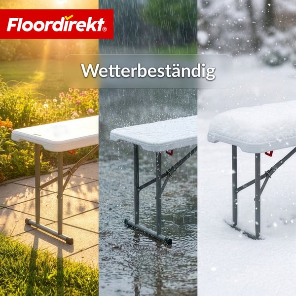 Collage mit einem wetterbeständigen Tisch von Floordirekt bei Sonnenschein, Regen und Schnee