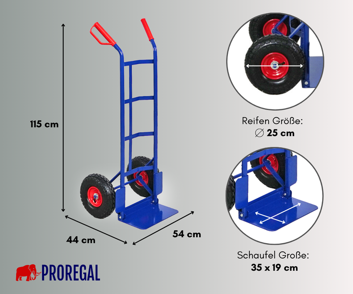 Proregal Logo. Sackkarre: Höhe 115, Breite 44, Tiefe 54 Zentimeter. Raddurchmesser 25 Zentimeter, Schaufel 35 mal 19 Zentimeter.