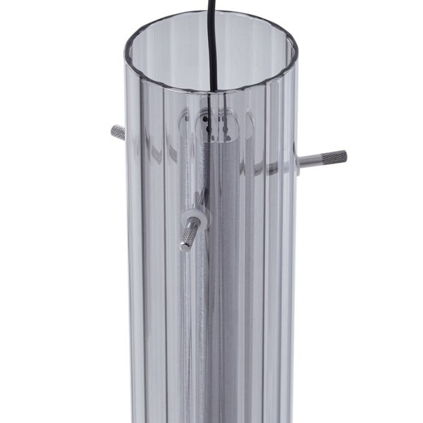 Zylindrischer Lampenschirm aus geripptem Glas mit Metallstiften zur Halterung und Kabel.