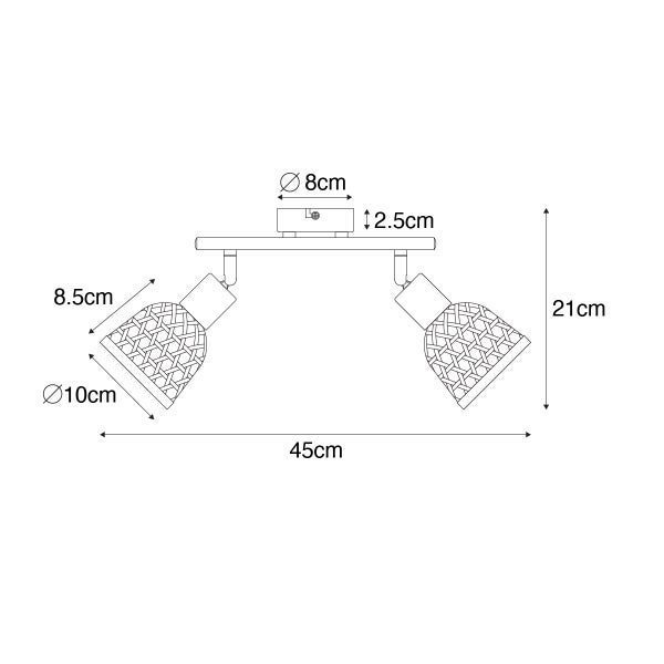 Technische Zeichnung einer Deckenleuchte mit zwei Strahlern und Maßangaben