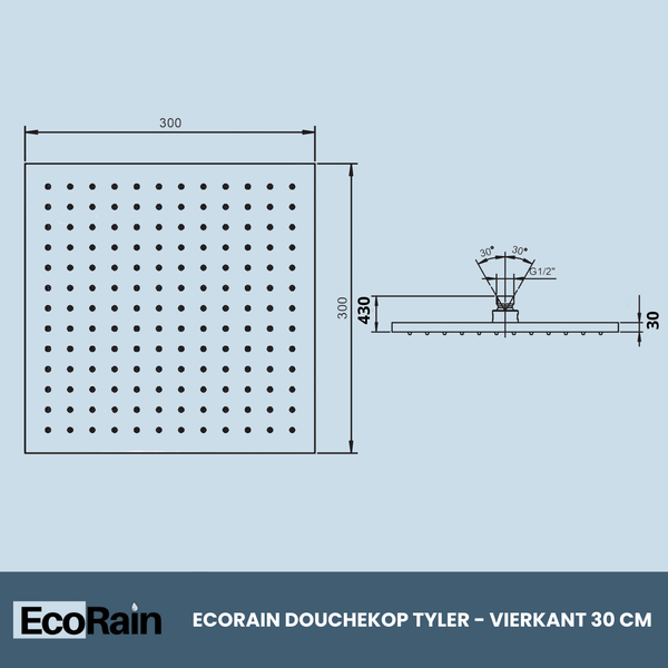 EcoRain 30% Wassersparender Regenduschkopf Tyler 30 CM Quadrat mit Wand-Duscharm und Schlauchanschluss - Hoher Wasserdruck - Universeller Anschluss - Anti-Kalk Duschkopf - Chrom