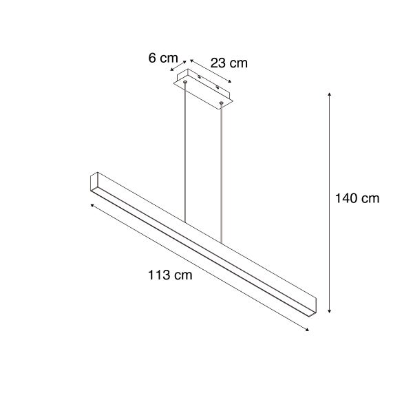 Technische Zeichnung einer linearen LED Pendelleuchte mit Maßangaben 113 mal 23 mal 6 mal 140 Zentimeter.