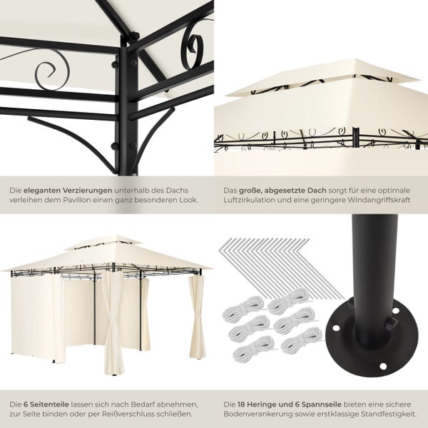 Pavillon mit Vorhängen, Heringen und Spannseilen für sichere Bodenverankerung