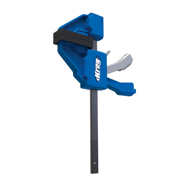 Blaue Kreg Einhandzwinge mit Stahlschiene und Kreg Logo.