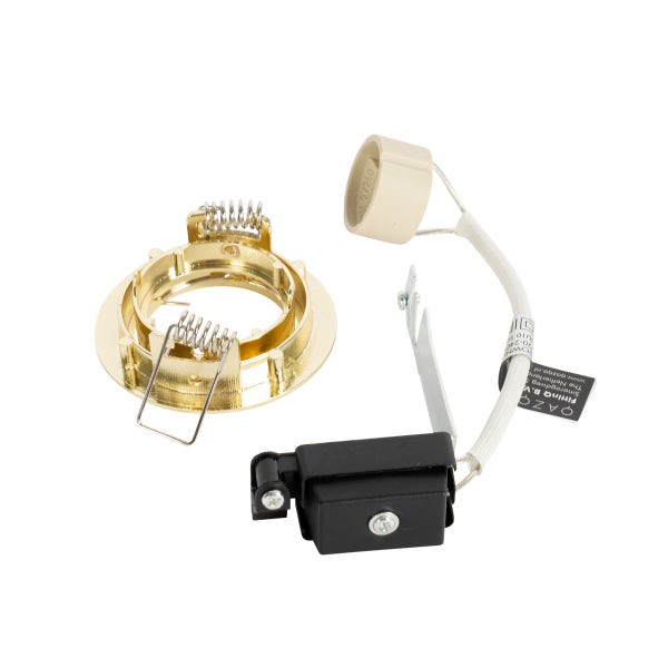 Einbaurahmen für Deckenstrahler aus Messing mit GU10 Fassung und Anschlussdose.