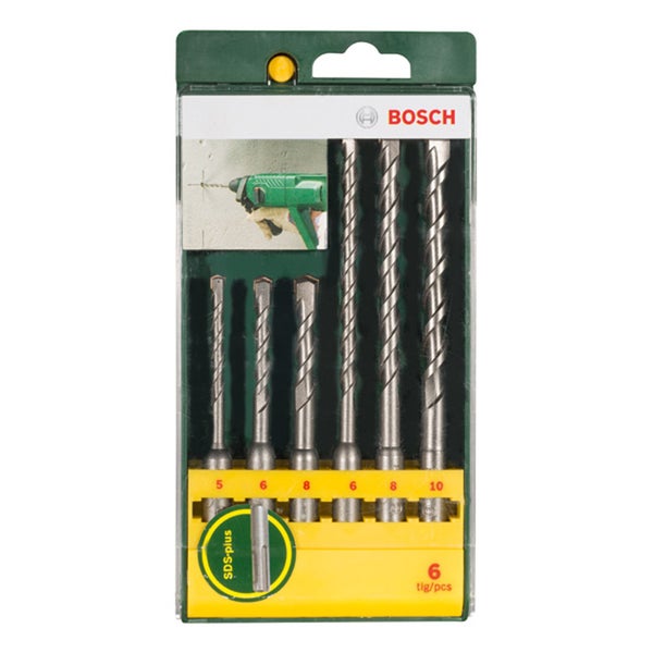 Bosch Logo. Sechs SDS-Plus-Bohrer in einer Verpackung, Größen 5, 6, 8 und 10.