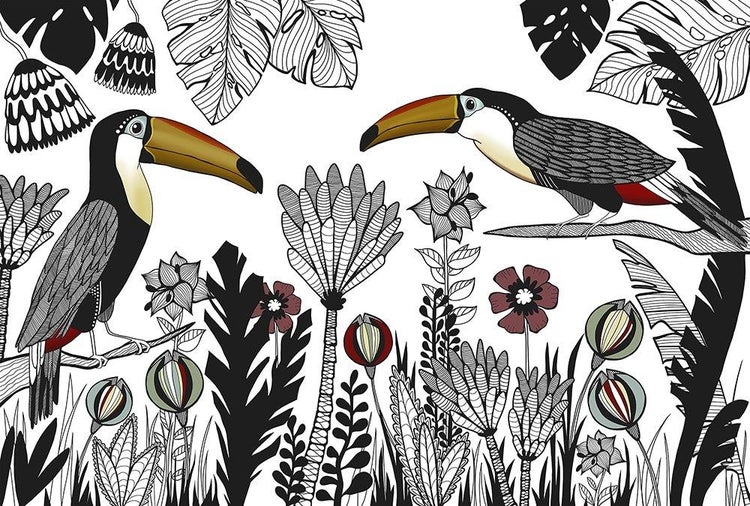 Illustrierte Fototapete mit zwei Tukanen auf Ästen inmitten von tropischen Pflanzen und Blumen im grafischen Stil.