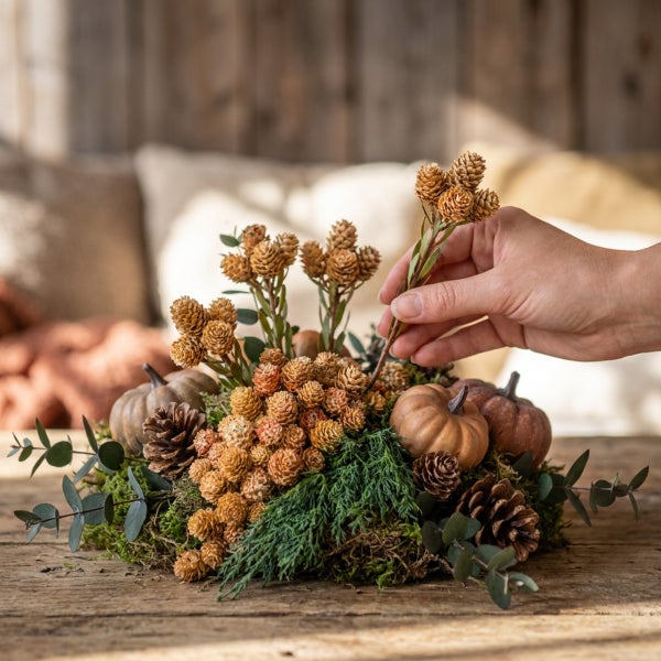 Herbstliches Tischgesteck mit Mini Kürbissen, Tannenzapfen, Moos und Eukalyptus auf einem Holztisch, eine Hand dekoriert das Gesteck.