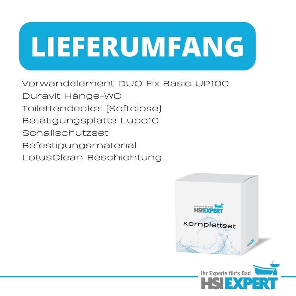 Lieferumfang eines WC-Komplettsets mit Vorwandelement, Hänge-WC, Toilettendeckel mit Absenkautomatik, Betätigungsplatte, Schallschutzset, Befestigungsmaterial und LotusClean Beschichtung