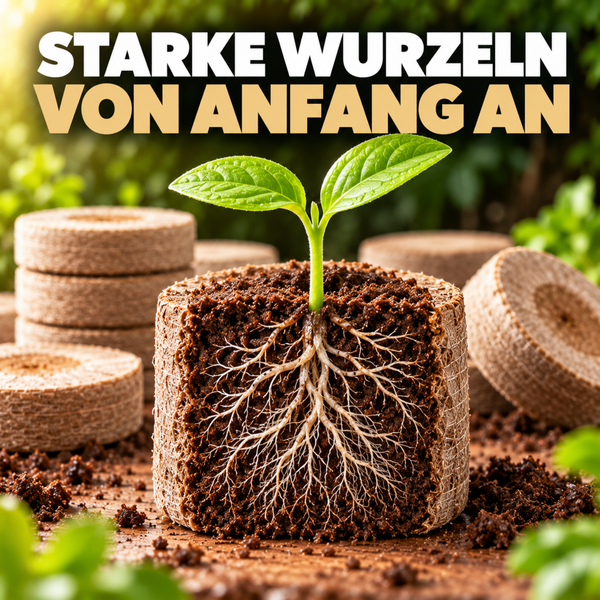 Querschnitt eines Anzuchttopfs mit einer jungen Pflanze und sichtbarem Wurzelsystem.
