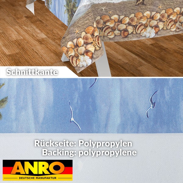 Wachstischdecke mit Muschel- und Seestern-Motiv, Detail der Schnittkante und Polypropylen-Rückseite, Anro Logo.