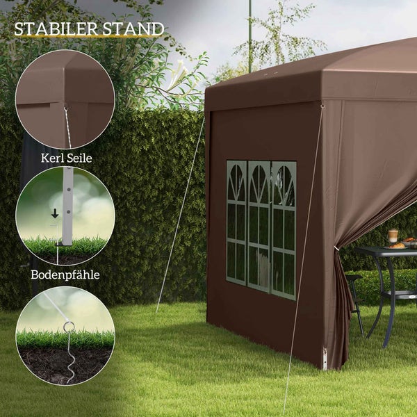 Outsunny Pavillon ca.3x3m, wasserabweisend Stabil Winterfest Pop-up Faltpavillon, UV Schutz 50+, Faltbar Partyzelt Gartenzelt mit 4 Seitenteilen Tasche Gartenpavillon für Camping Garten, Kaffee