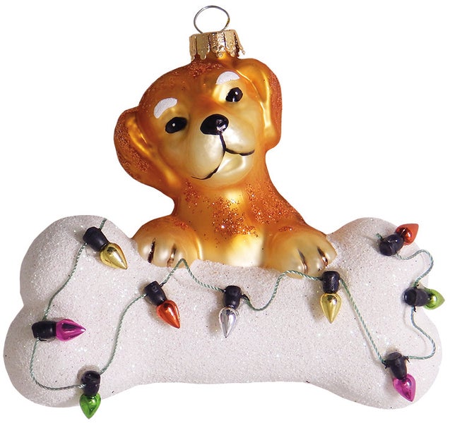 Brauner Hund mit weißem Knochen & Lichtkette 9cm, Glasornament, mundgeblasen und handekoriert, 1 Stck.