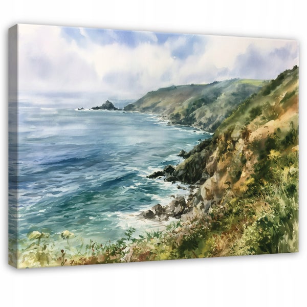 Wandbild mit einem Aquarellgemälde einer Küstenlandschaft mit Meer, Klippen und Vegetation auf Leinwand.
