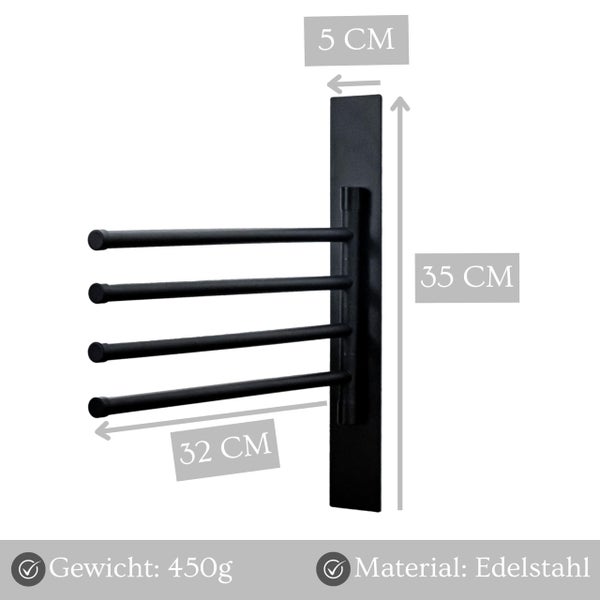 Schwenkbarer Handtuchhalter aus Edelstahl mit vier Armen, Abmessungen 35 mal 32 mal 5 Zentimeter, Gewicht 450 Gramm.