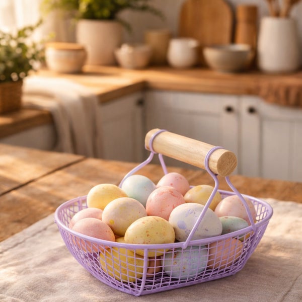 Lilafarbenes Drahtkörbchen mit Holzgriff gefüllt mit gesprenkelten Ostereiern in Pastelltönen auf einem Holztisch in einer hellen Küche.