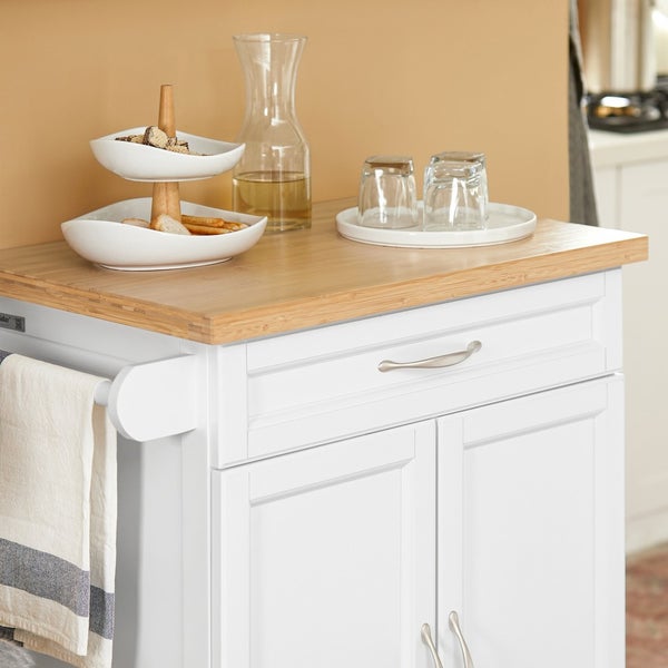 Küchenwagen mit zwei Schalen Etagere, Gläsern, Karaffe und Handtuch