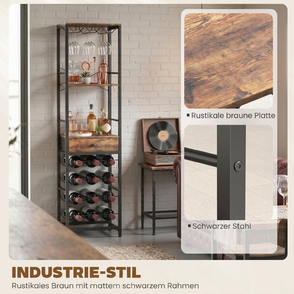 Weinregal im Industriestil aus schwarzem Stahl und rustikalem braunem Holz mit Glashalter, Ablagen und Schublade.