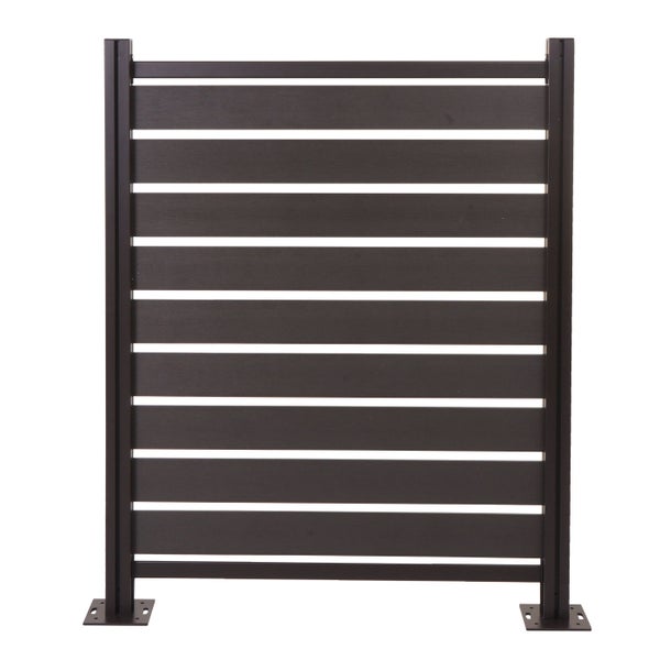 Sichtschutzzaun mit horizontalen Lamellen, zwei Pfosten und Bodenplatten in Anthrazit.
