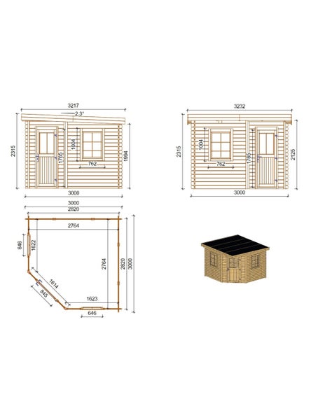 Technische Zeichnung mit Maßen für ein Gartenhaus aus Holz mit Flachdach, inklusive Grundriss, Frontansicht, Seitenansicht und räumlicher Ansicht.