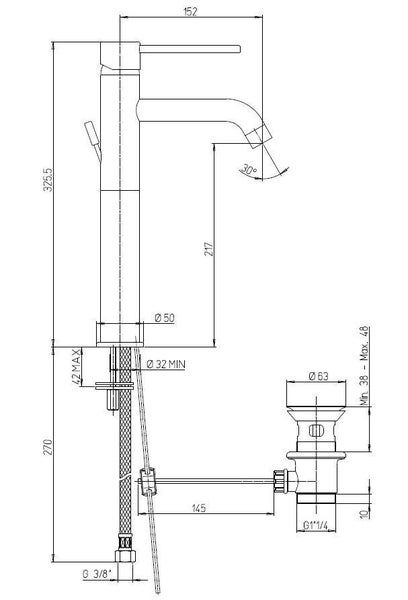 Technische Zeichnung eines Wasserhahns mit Maßangaben