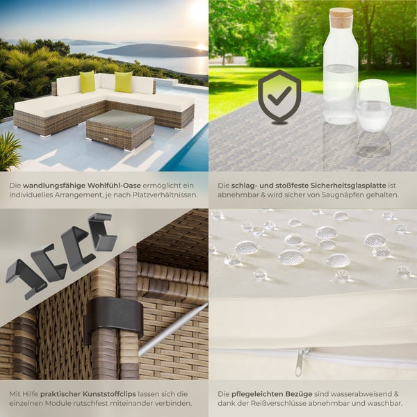 Rattan Lounge tectake Paris mit Sicherheitsglasplatte mit Aluminiumgestell natur