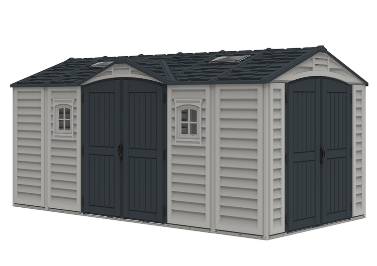 Gartenhaus aus Kunststoff mit Doppelflügeltür, einer Seitentür, zwei Fenstern und Oberlichtern auf einem Satteldach.