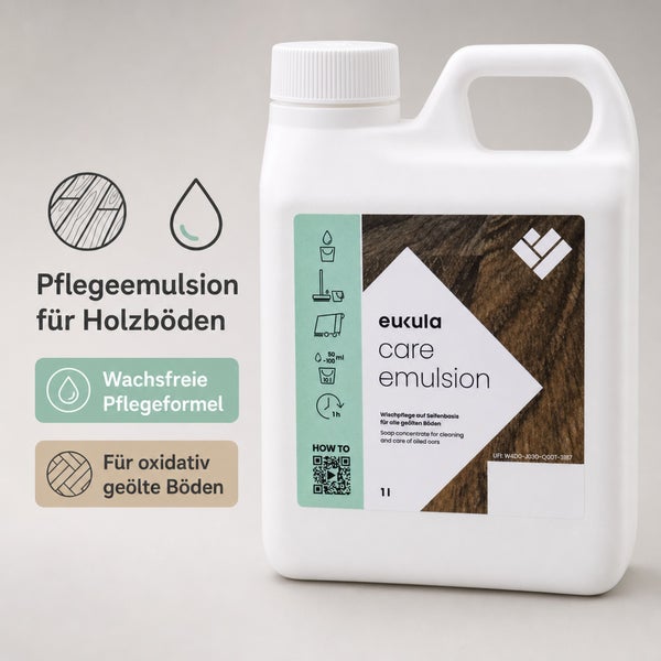 eukula care emulsion Pfleegeemulsion für geölte Holzböden in einer 1 Liter Kunststoffflasche für die Reinigung und Pflege von Parkettböden.