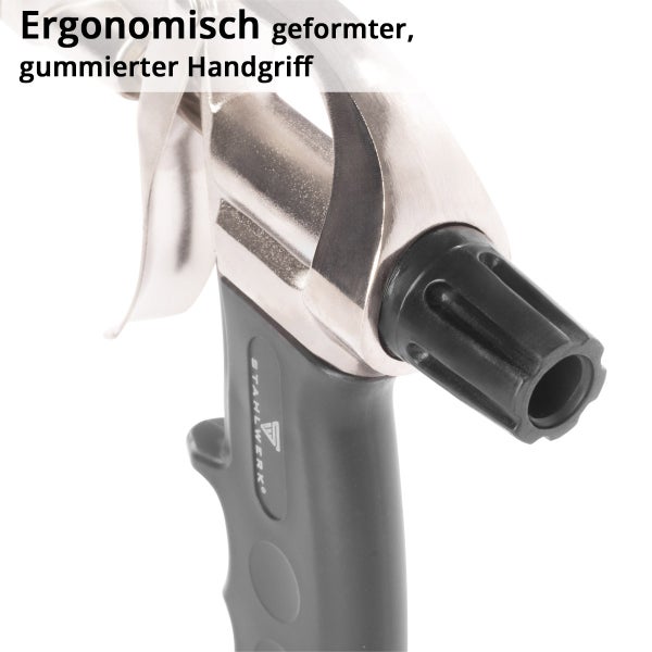 Ergonomisch geformter, gummierter Handgriff einer Stahlwerk Druckluftpistole.