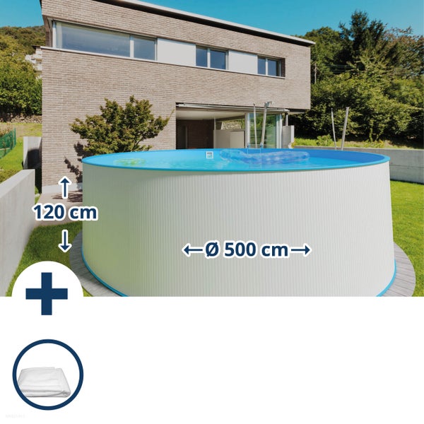 Rundes Stahlwandbecken mit den Maßen 120 cm Höhe und 500 cm Durchmesser inklusive Abdeckplane